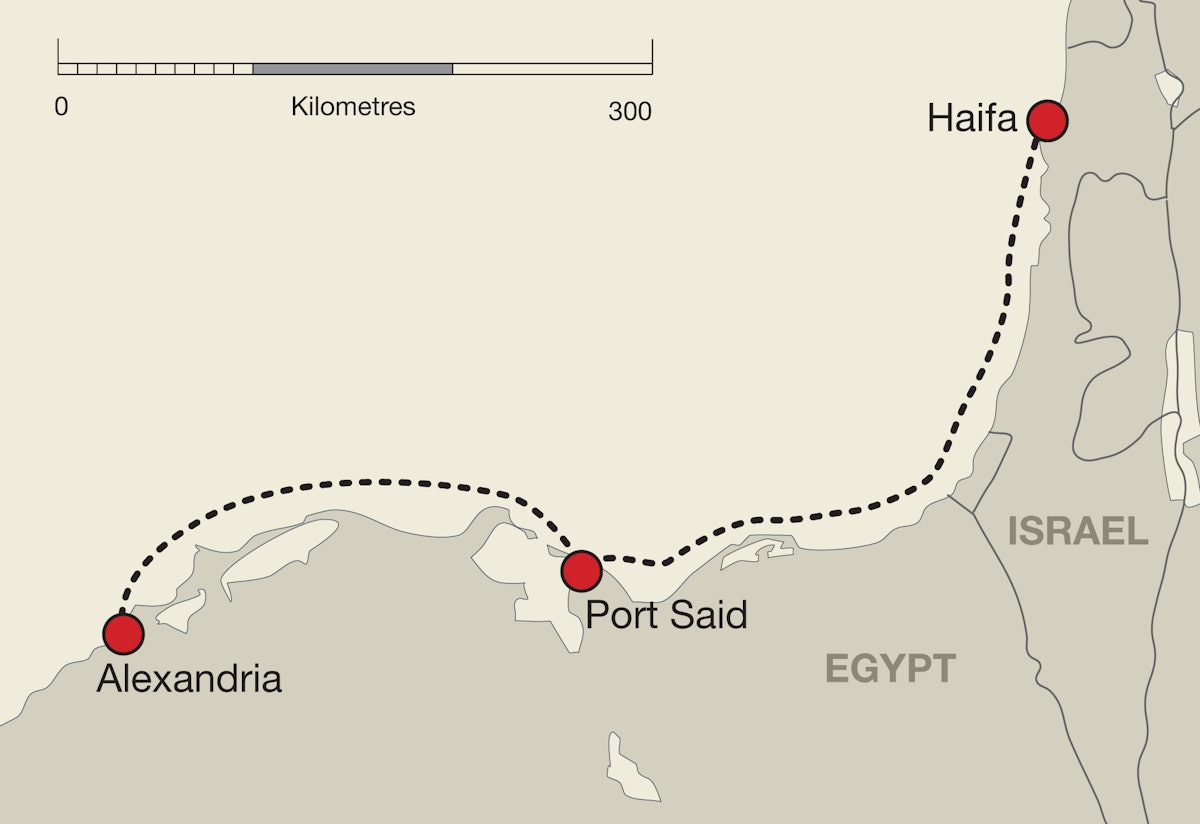 A map of 'Abdu'l-Baha's route taken 100 years ago, from the Holy Land to Egypt.