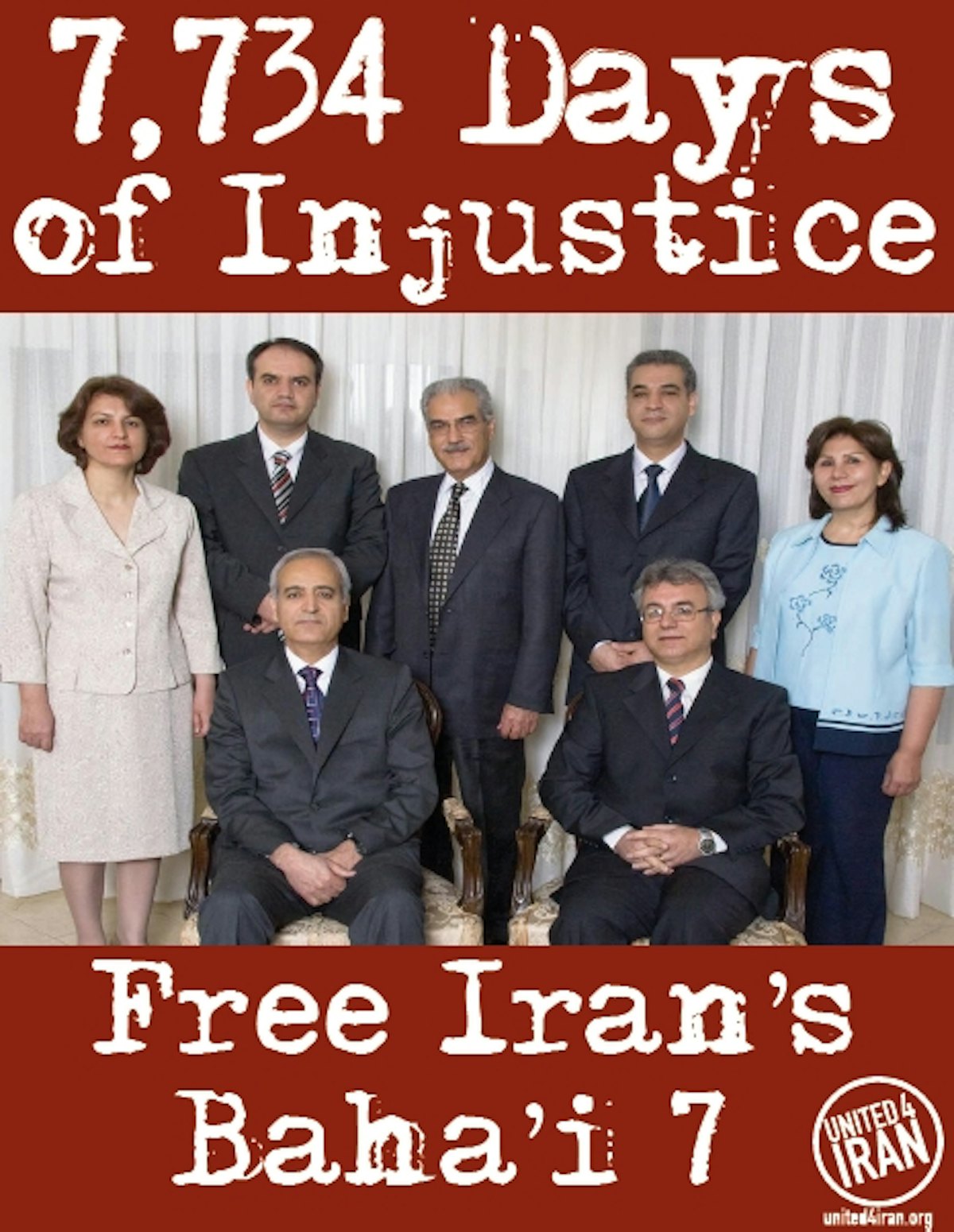 A poster, issued by the United4Iran campaign, showing the total days spent in prison by Iran's seven Baha'i leaders at the conclusion of their third year. The campaign calls upon supporters to make their own posters indicating the number of days of imprisonment, or to take a picture or video holding this pre-prepared poster.