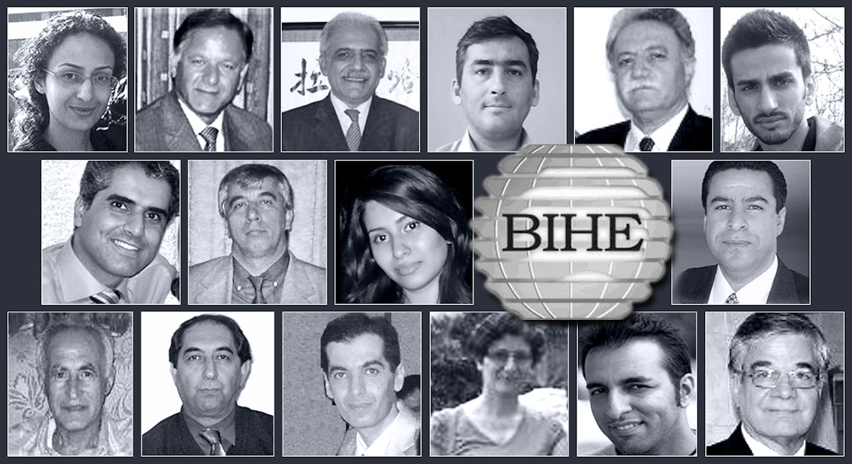 The 16 Baha'is detained after Iranian authorities raided homes associated with staff and faculty of the Baha'i Institute for Higher Education. Four of them have since been released. They are Vahid Mokhtari – pictured second row, far left; Sadaf Sabetian – second row, third from left; Amir-Houshang Amirtabar – third row, far left; and Soheil Ghanbari – third row, third from left.