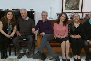 Jamaloddin Khanjani, 2nd from left, with three other former members of the Yaran who have completed their unjust sentences—Saeid Rezaie (center), Fariba Kamalabadi (3rd from right), and Mahvash Sabet (2nd from right)