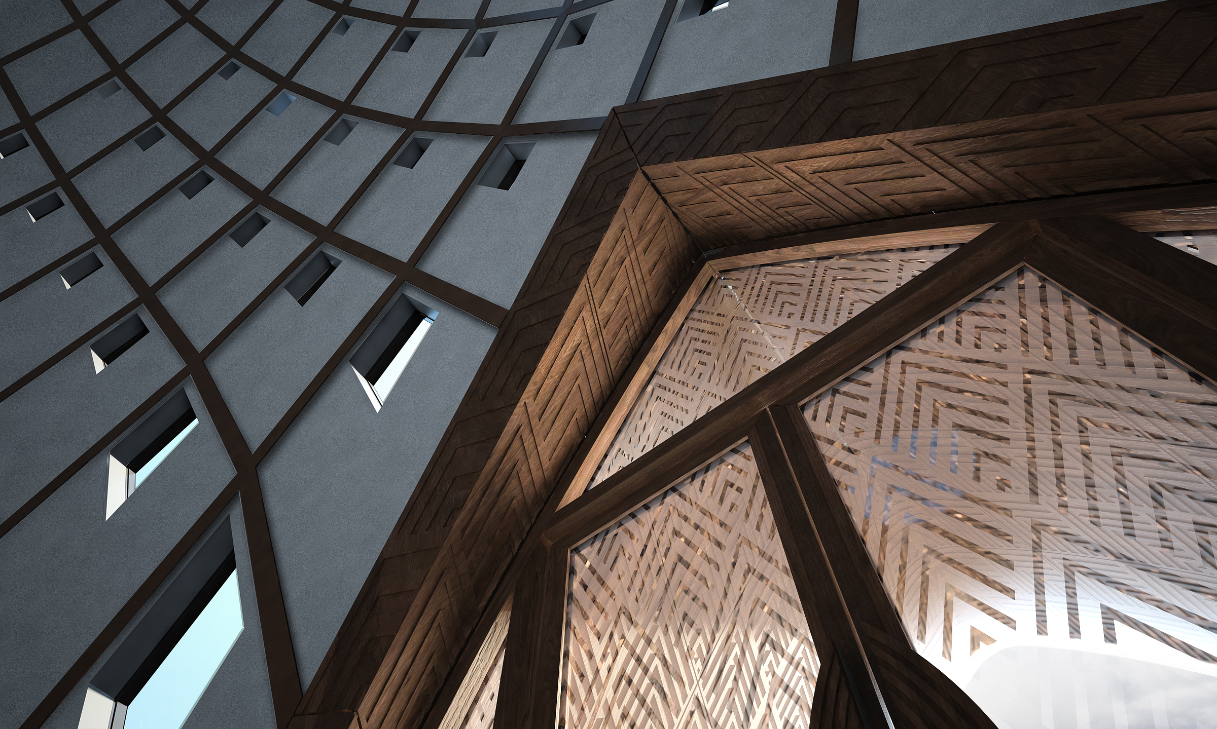 The House of Worship has nine gable-roofed entrances, which reflect a traditional structure that is associated with the sacred throughout several major regions of the country.