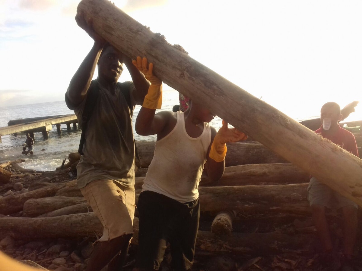 Residents of the Newtown neighborhood in Roseau, Dominica, clear logs and debris from the harbor that had been blocking access to the ocean, which is vital to their fishing community.