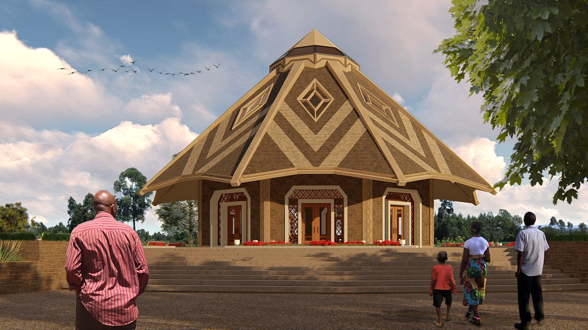 Representación ilustrativa de la Casa de Adoración simple pero llamativa en la forma, inspirada en las chozas tradicionales de Matunda Soy.