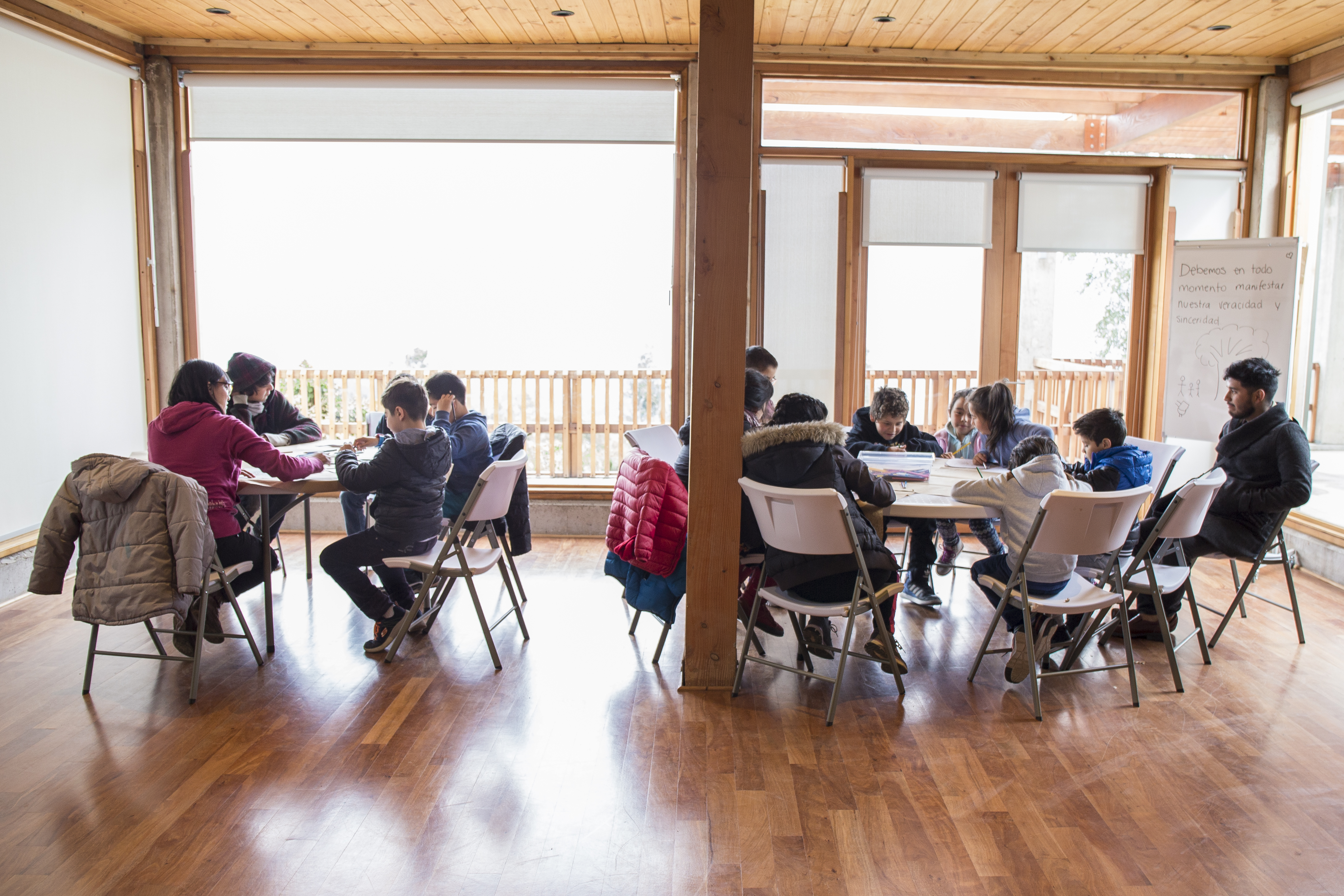 A class for the spiritual education of children, held in one of the buildings on the Temple grounds