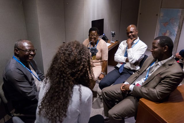 A group of Counsellors from Africa recently discussed the work of selected Baha’i-inspired organizations in the field of education. (From left) Clément Thyrrell Feizouré, Maina Mkandawire, Judicaël Mokolé, and Alain Pierre Djoulde explained how the organizations draw on certain principles from Baha’u’llah’s teachings to inform their approach to development.