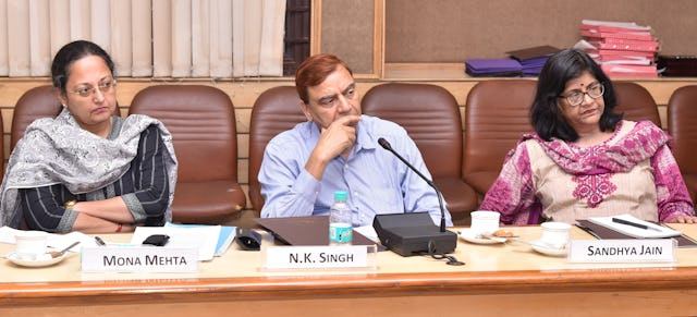 Speakers at the roundtable meeting (from left) Dr. Mona Mehta, deputy editor of The Speaking Tree; Mr. N.K. Singh, a former general-secretary of the Broadcast Editors’ Association; Ms. Sandhya Jain, a political analyst and independent researcher, listen intently to the conversation.