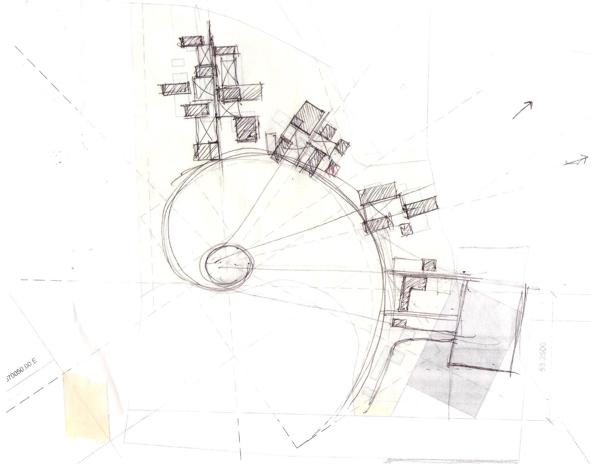This hand sketch of architect Julian Gutierrez Chacón shows the path to the House of Worship, represented by the circle, and the Temple’s ancillary buildings.