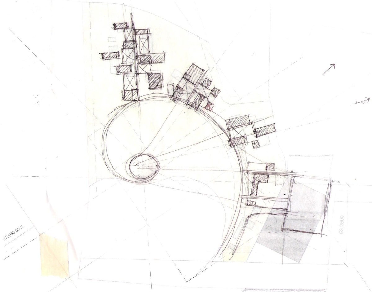 This hand sketch of architect Julian Gutierrez Chacón shows the path to the House of Worship, represented by the circle, and the Temple’s ancillary buildings.