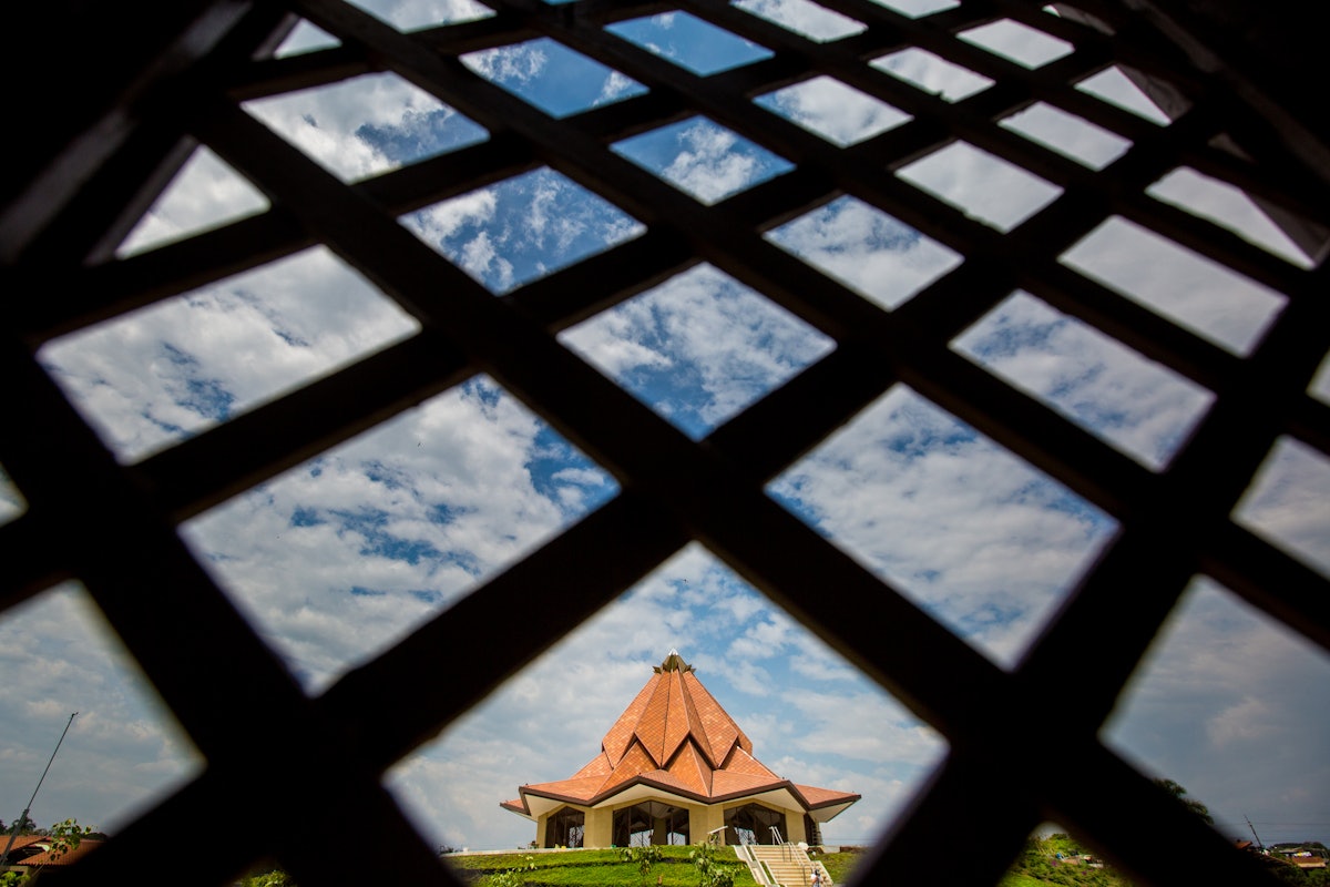 This view shows the Colombia Temple from an ancillary building.