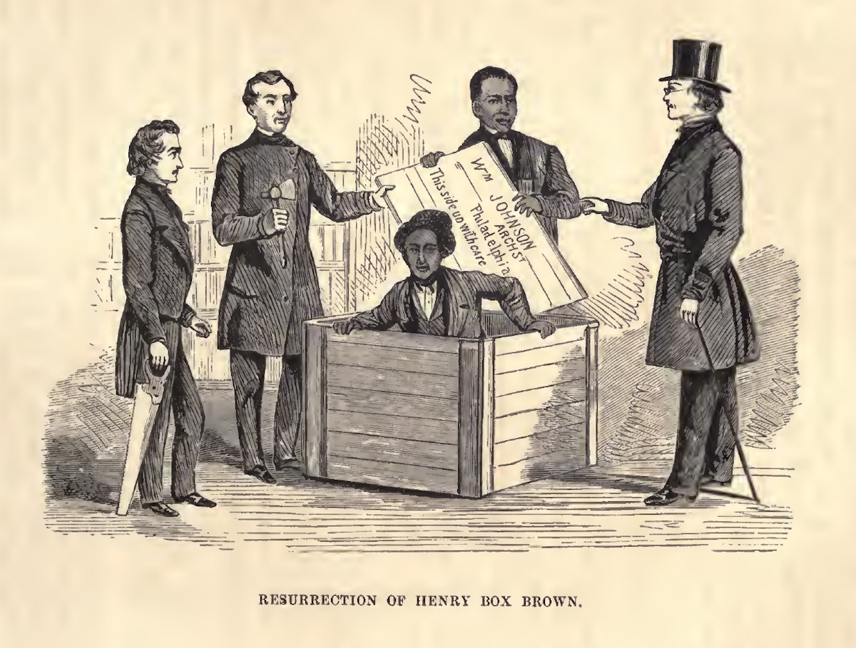 This illustration from an 1872 book depicts when Henry “Box” Brown was let out of the shipping crate in Philadelphia. The box – 3 feet long, 2 feet 8 inches deep, and 2 feet wide – displayed the words "dry goods." (Image: William Still)