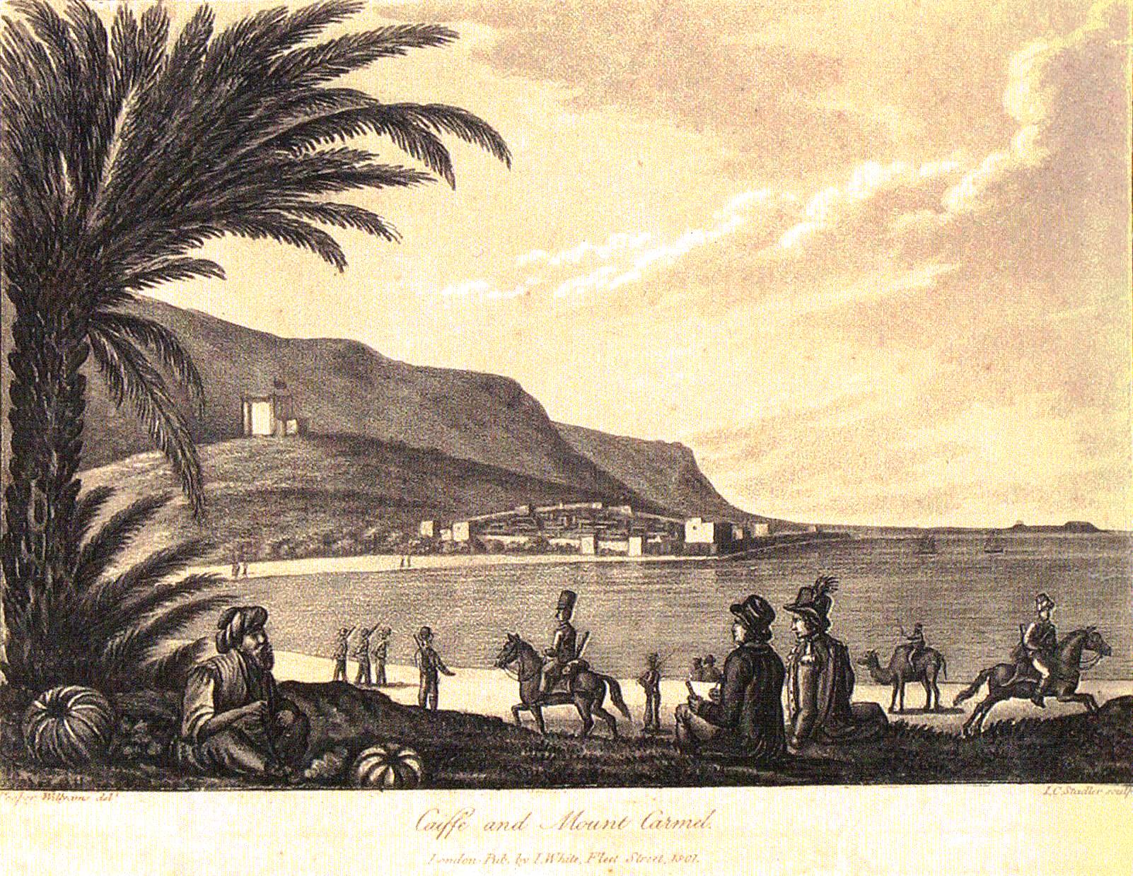 This copper engraving depicts Haifa in 1801, when it was a small walled city on the sea. (Source: Cooper Willyams, "El Burg and Haifa in 1801")