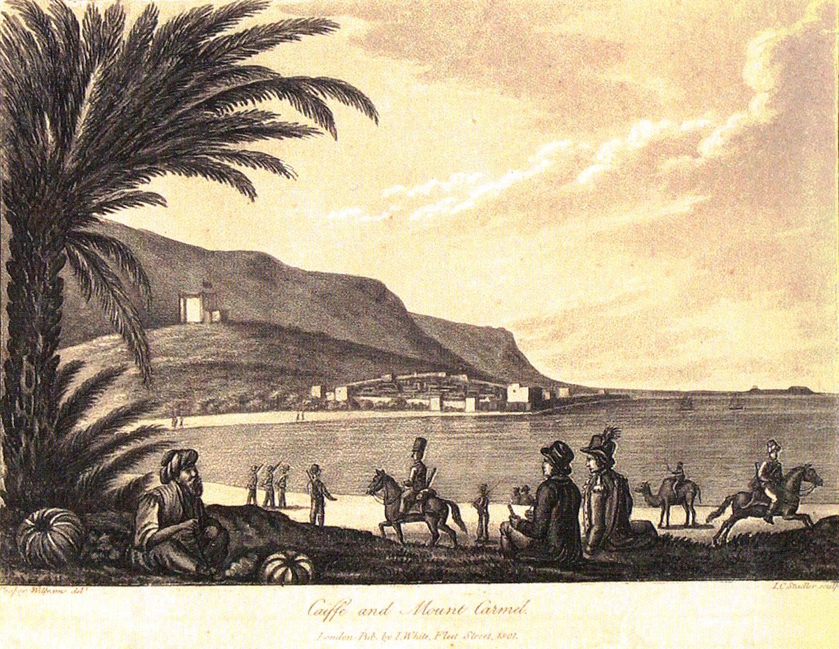 Gravure sur cuivre représentant Haïfa en 1801, alors qu’elle était une petite ville fortifiée sur la mer. (Source : Cooper Willyams, “El Burg et Haïfa en 1801”)