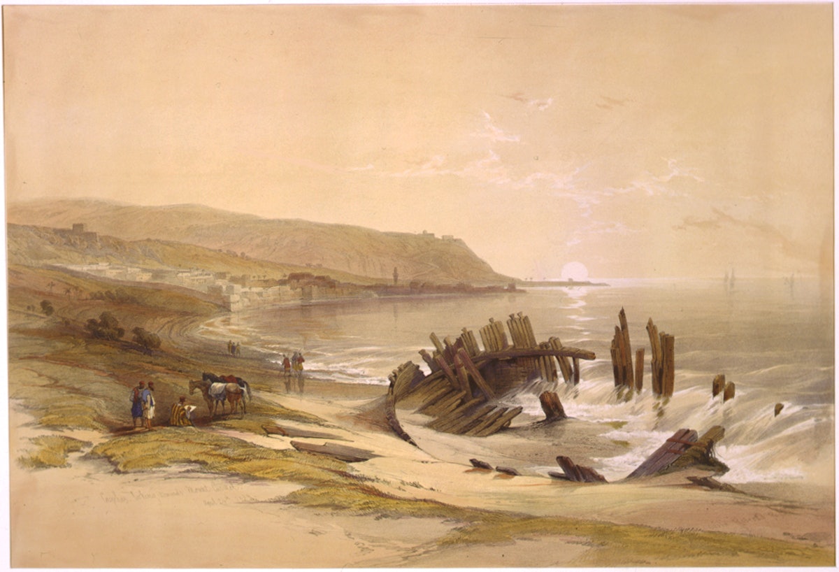 This painting, from 1839, shows a view of Haifa from the north. The city of Haifa would have looked similar when Baha’u’llah’s ship arrived there on the morning on 31 August 1868. He stayed there for a few hours before boarding a sailboat for the prison city of Akka. (Source: David Roberts, "Caiphas looking towards Mount Carmel")