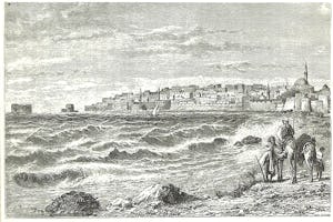 This drawing from a book published in the 1880s depicts Akka from a beach to the city’s west. The sea gate is near the left edge of the sea wall. (Source: W.M. Thompson, *The Land and the Book*)