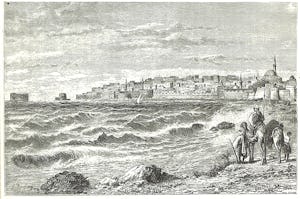 Este dibujo de un libro publicado en la década de 1880 muestra ‘Akká desde una playa al oeste de la ciudad. La puerta del mar está cerca del borde izquierdo del dique. (Fuente: W. M. Thompson, *La tierra y el libro*)