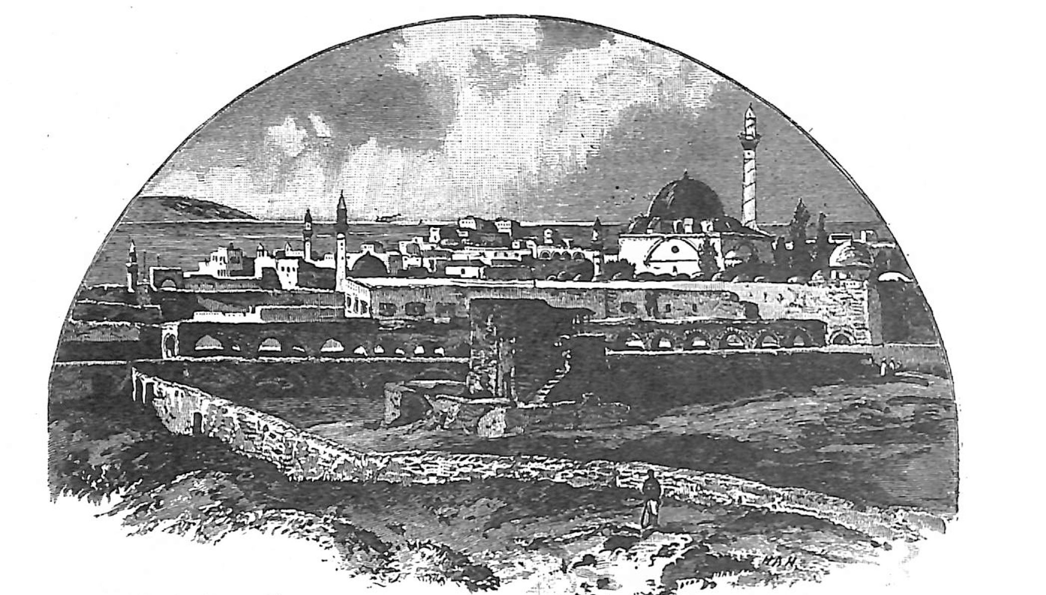 This drawing from a book published in 1891 shows Akka from the north. The large dome and tower in the back right are the Al-Jazzar Mosque, where the decree of the Sultan banishing Bahá’u’lláh to Akka was read out. (Source: C. Geikie, The Holy Land and the Bible)