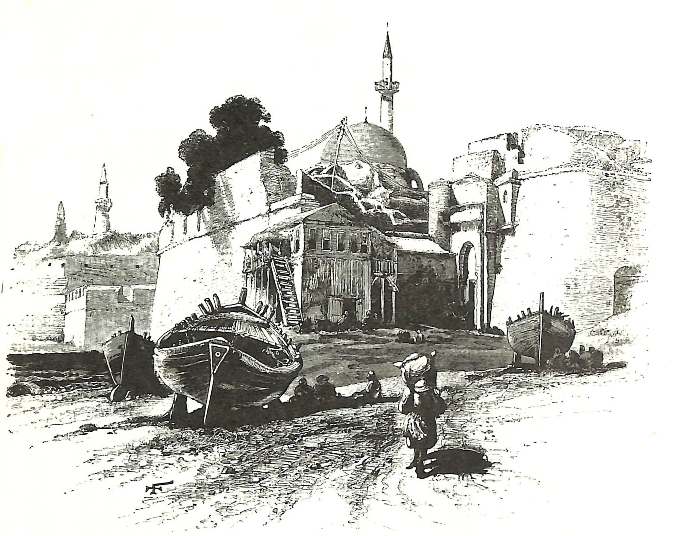 This drawing from a book published in 1880 shows the land gate of ‘Akká, the arched doorway right of center. Bahá’u’lláh left the prison city through this gate in 1877. (Source: C. Wilson, Picturesque Palestine Sinai and Egypt)
