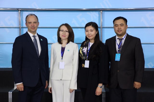 (from left) Joshua Lincoln, Secretary-General of the Baha’i International Community; representative Lyazzat Yangaliyeva from the Baha’i community of Kazakhstan; Guldara Assylbekova of the International Center of Cultures and Religions; and Serik Tokbolat, also representing the Baha’i community of Kazakhstan