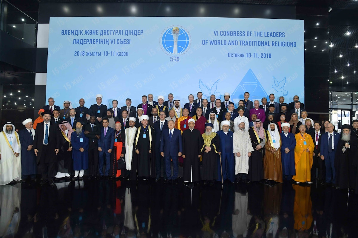 Delegates to the 6th Congress of the Leaders of World and Traditional Religions gather for a group photograph. The Congress, hosted by Kazakhstani President Nursultan Nazarbayev, was held on 10 and 11 October in Astana, Kazakhstan.