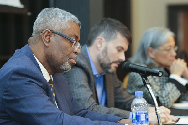 (From left) W. Andy Knight, from the University of Alberta, David Cunningham, from the University of Maryland, and Charlotte Ku, from Texas A&M University, discussed leadership, global governance, and peace.