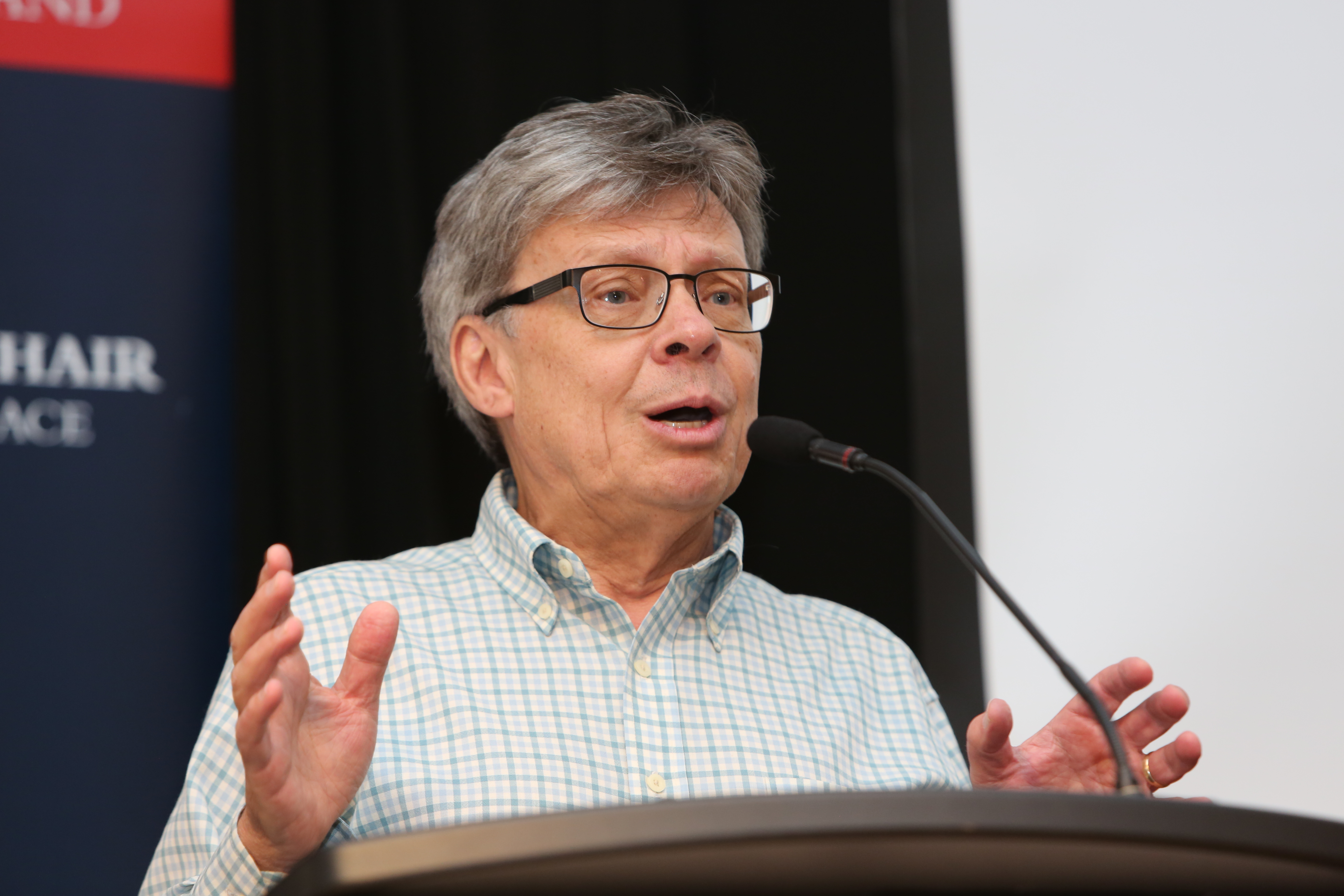 Political scientist Craig Murphy, a professor at Wellesley College, spoke about the conference theme of leadership, global governance, and peace.