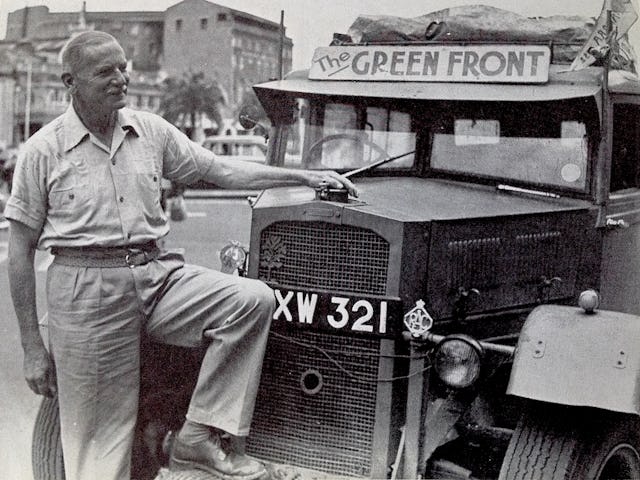 St. Barbe stands in front of his vehicle during his the Green Front Against the Desert expedition in 1952. (Credit: University of Saskatchewan Library, University Archives & Special Collections, Richard St. Barbe Baker Fonds)