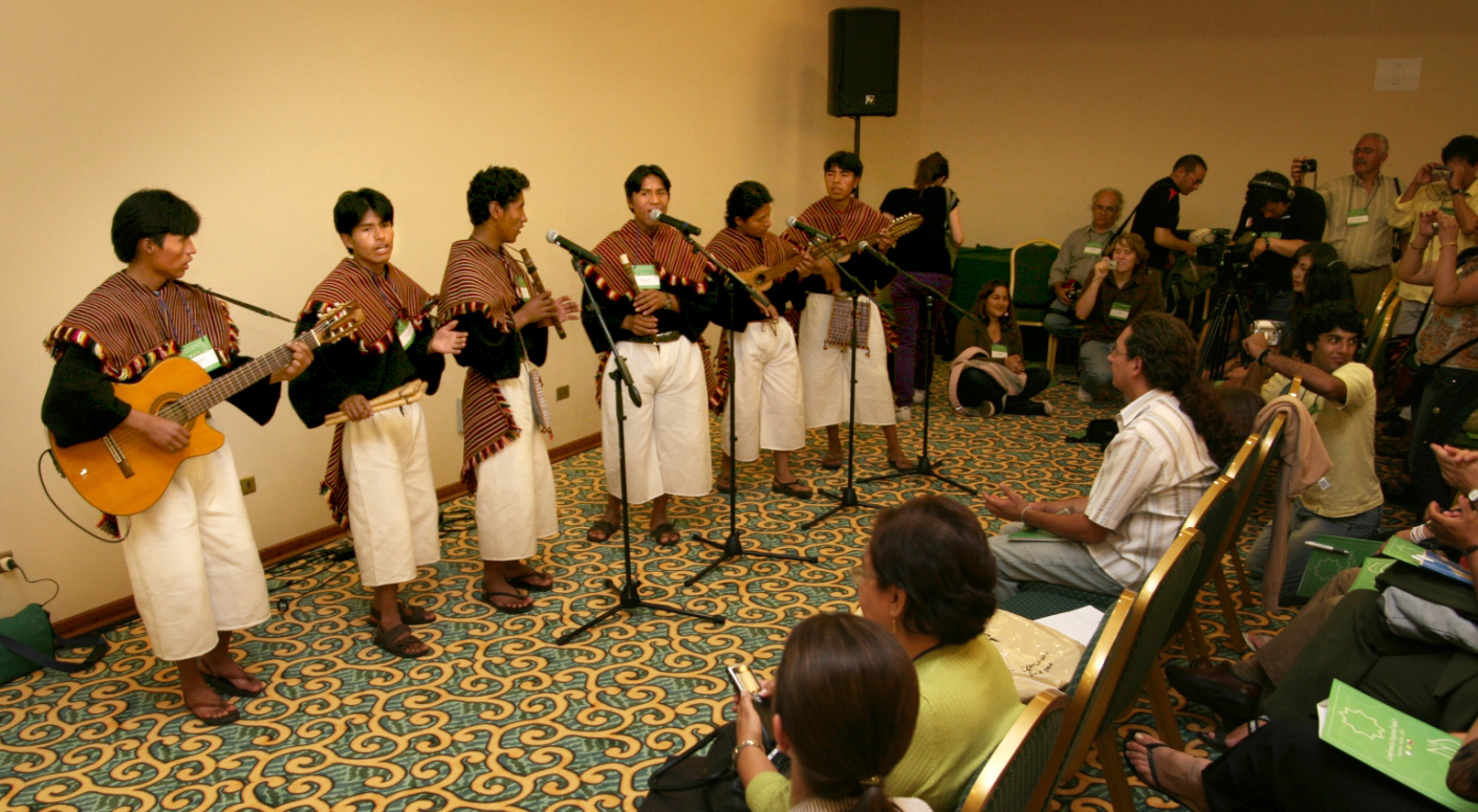 Indigenous musicians perform at the conference in Antofagasta, Chile.
