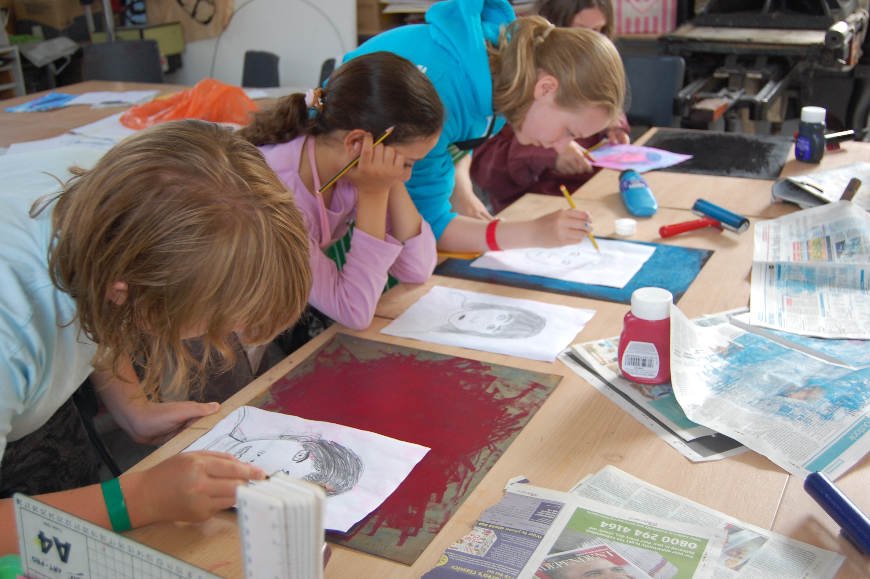 At the Academy for the Arts in England, youth explore spiritual capacities using words and monoprinting. This particular course, called "Drawing Inspiration," was designed for 11- and 12-year-olds.