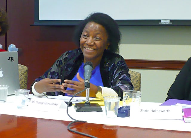 Senior Policy Adviser on Education for UNICEF, Dr. Changu Mannathoko, participating in a panel discussion at the Baha'i International Community's New York offices on 23 February, as part of the annual United Nations Commission on the Status of Women.