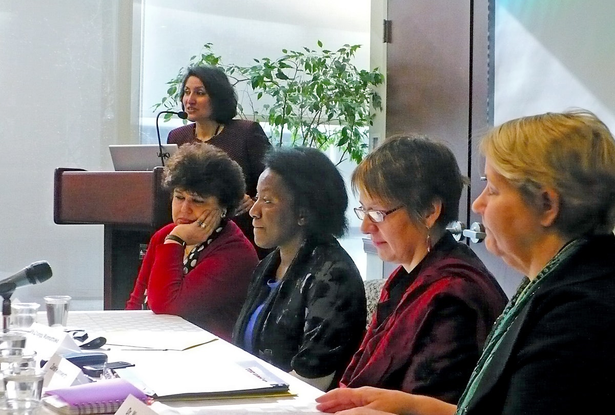 Bani Dugal, principal representative of the Baha'i International Community to the United Nations – standing far left – introduces a panel discussion held at the BIC's New York offices on 23 February. Pictured left to right: Dr. Faraneh Vargha-Khadem, Director of the University College London Centre for Developmental Cognitive Neuroscience; Dr. Changu Mannathoko; Mrs. Zarin Hainsworth-Fadaei – who chaired the discussion; and Dr. Wendi Momen of the UK-based women’s NGO, ADVANCE.