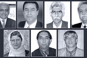 The seven imprisoned Baha'i educators are (top row, left to right): Mahmoud Badavam, Ramin Zibaie, Riaz Sobhani, Farhad Sedghi; (bottom row, left to right) Noushin Khadem, Kamran Mortezaie, and Vahid Mahmoudi.