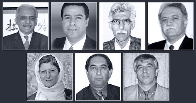 The seven imprisoned Baha'i educators are (top row, left to right): Mahmoud Badavam, Ramin Zibaie, Riaz Sobhani, Farhad Sedghi; (bottom row, left to right) Noushin Khadem, Kamran Mortezaie, and Vahid Mahmoudi.