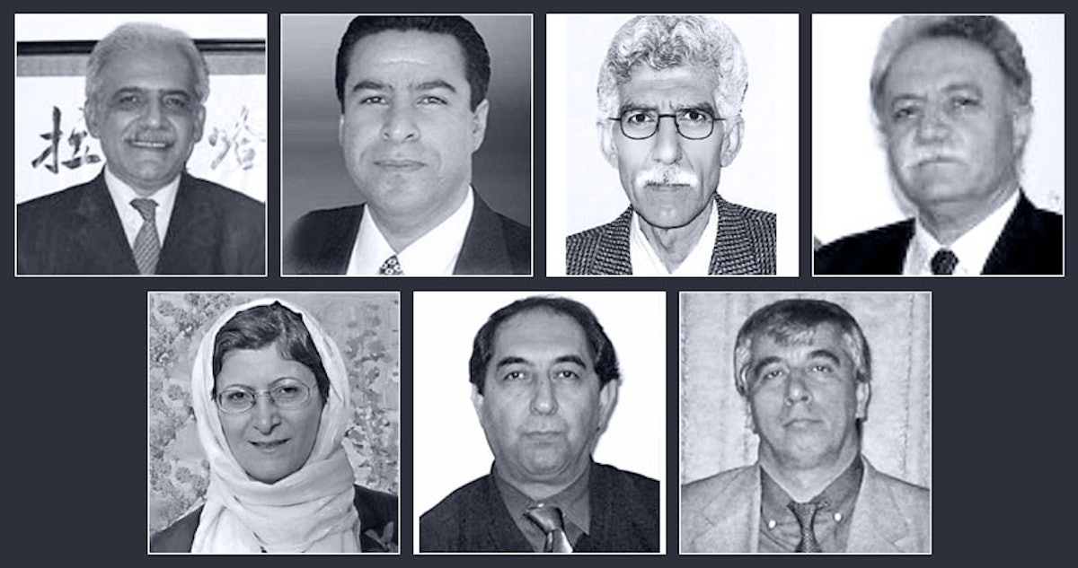 The seven imprisoned Baha'i educators are (top row, left to right): Mahmoud Badavam, Ramin Zibaie, Riaz Sobhani, Farhad Sedghi; (bottom row, left to right) Noushin Khadem, Kamran Mortezaie, and Vahid Mahmoudi.