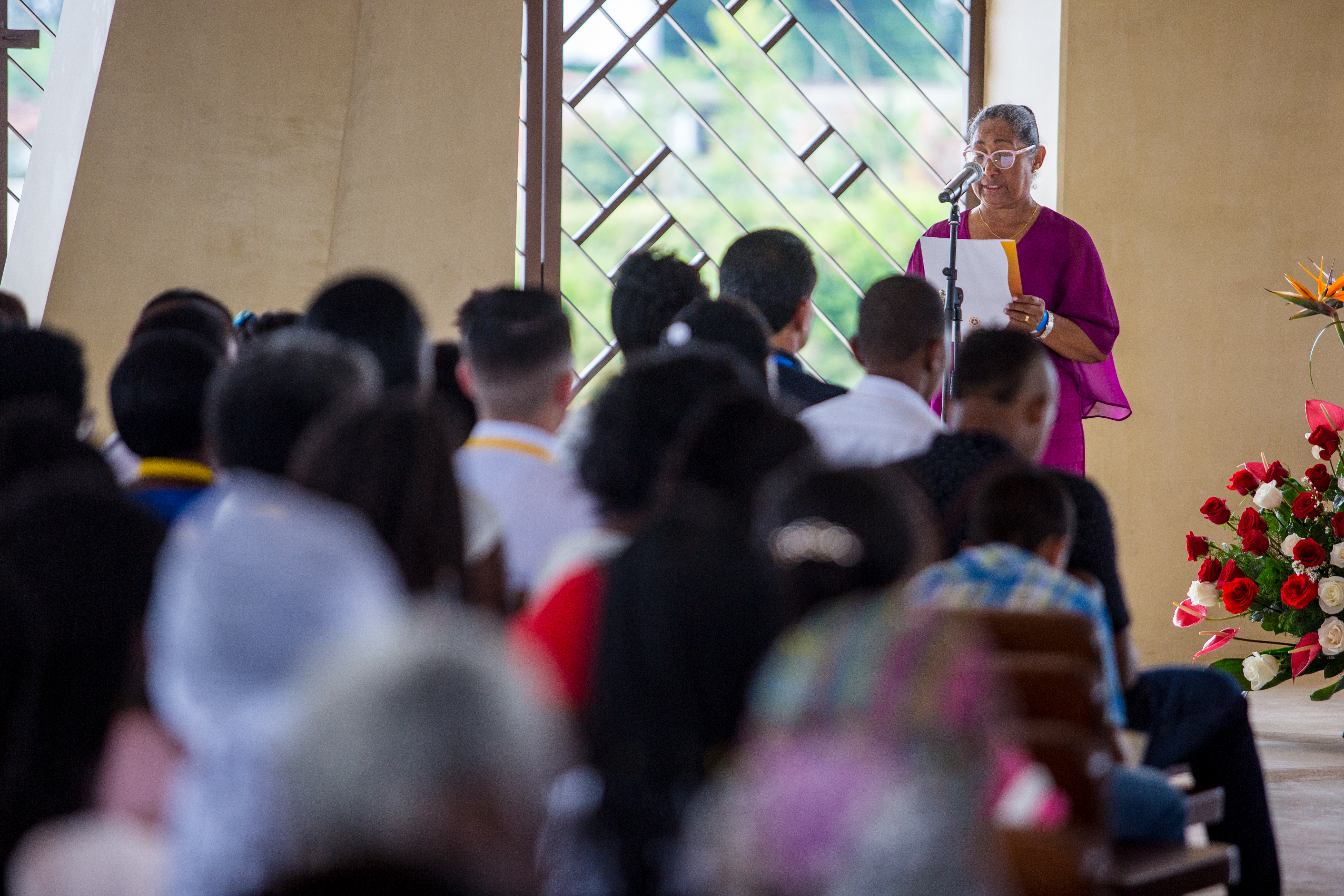 Mrs. de Sadeghian reads the message from the Universal House of Justice to the gathering. “This House of Worship stands now as a symbol of the beauty inherent in the noble people of this region and its design evokes the generosity of their land,” the message states.