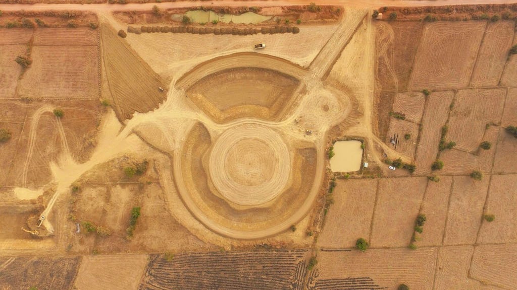 Aerial footage of earthworks recently completed on the temple site in Battambang, Cambodia.