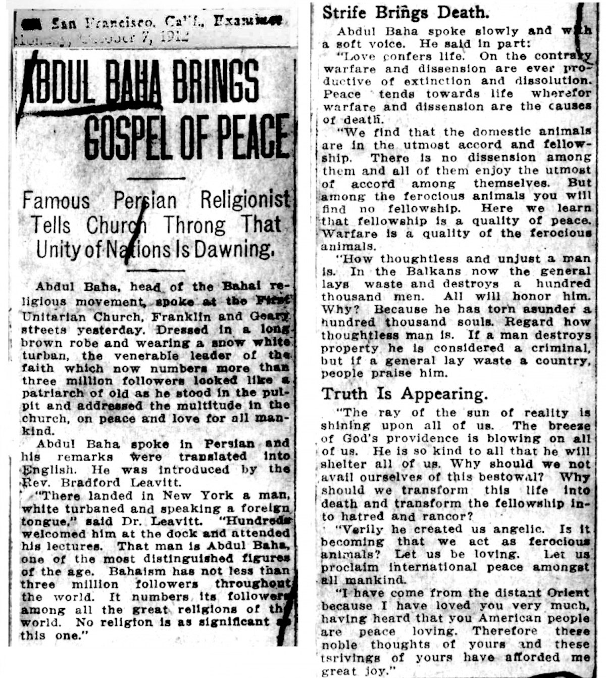 This article from The San Francisco Examiner on 6 October 1912 highlights ‘Abdu’l-Baha’s comments in a talk given on the previous day.