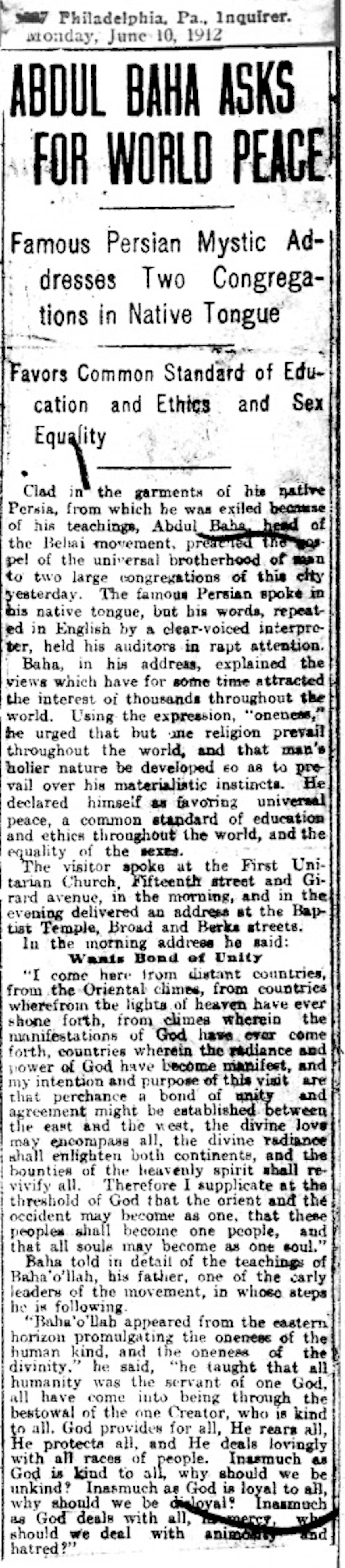 The Philadelphia Inquirer reported on 10 June 1912 about two talks ‘Abdu’l-Baha delivered the previous day.