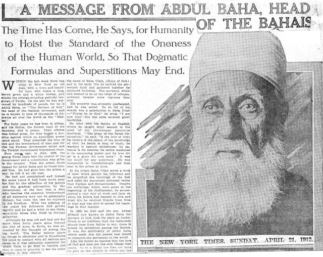 مقاله‌ای به تاریخ ۲۱ آوریل ۱۹۱۲ در نیویورک تایمز شرحی از سخنرانی‌های حضرت عبدالبهاء در این شهر است.