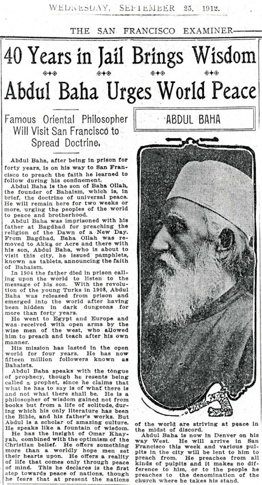 Este artículo de The San Francisco Examiner del 25 de septiembre de 1912 (en inglés) describe los planes de ʽAbdu’l Bahá para visitar la ciudad.