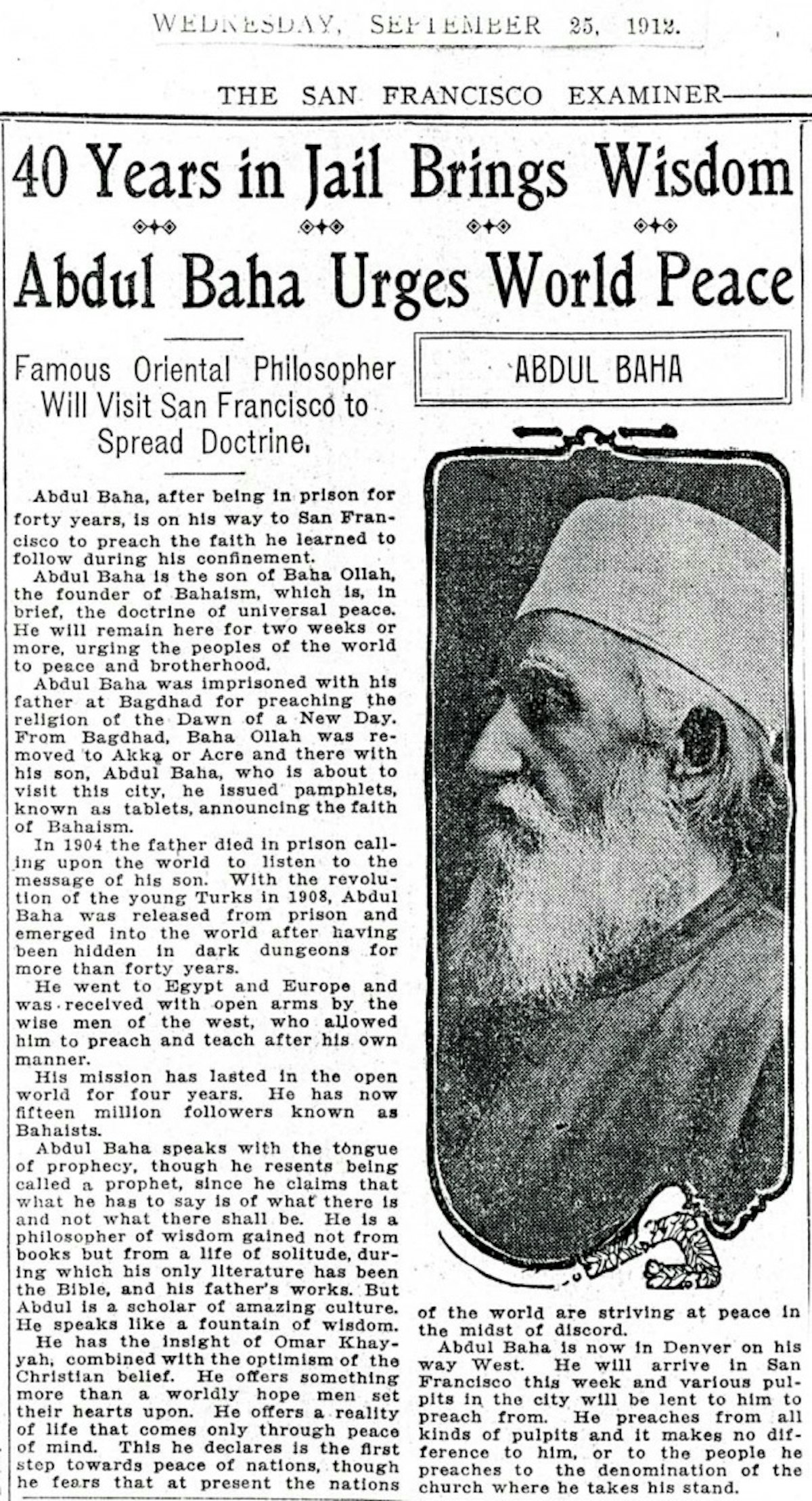 Article du « San Francisco Examiner » du 25 septembre 1912 mentionnant le projet de ʻAbdu’l-Bahá de se rendre dans la ville.
