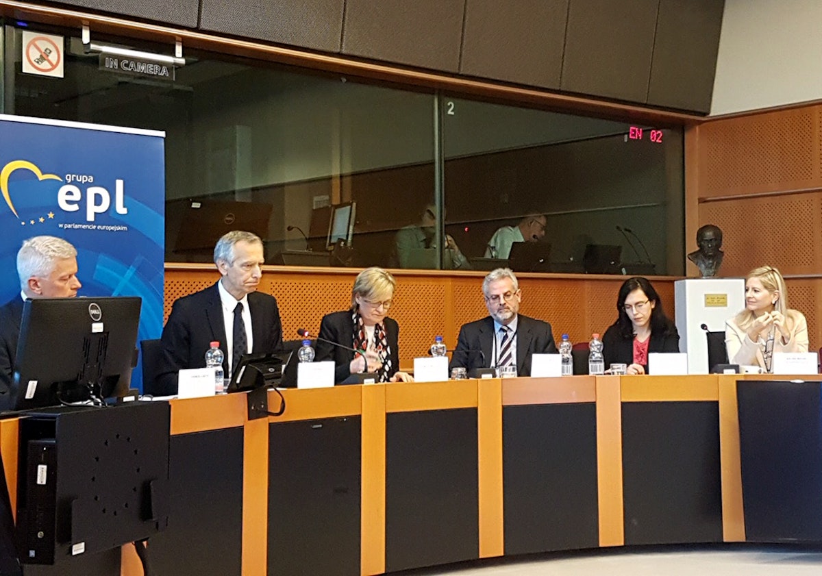 Rachel Bayani (right), who is the Baha'i International Community’s Brussels Office representative, participates in a gathering held last month in the European Parliament on the situation of freedom of religion and belief worldwide. The event was hosted by Andrzej Grzyb (left), a member of the European Parliament from Poland.