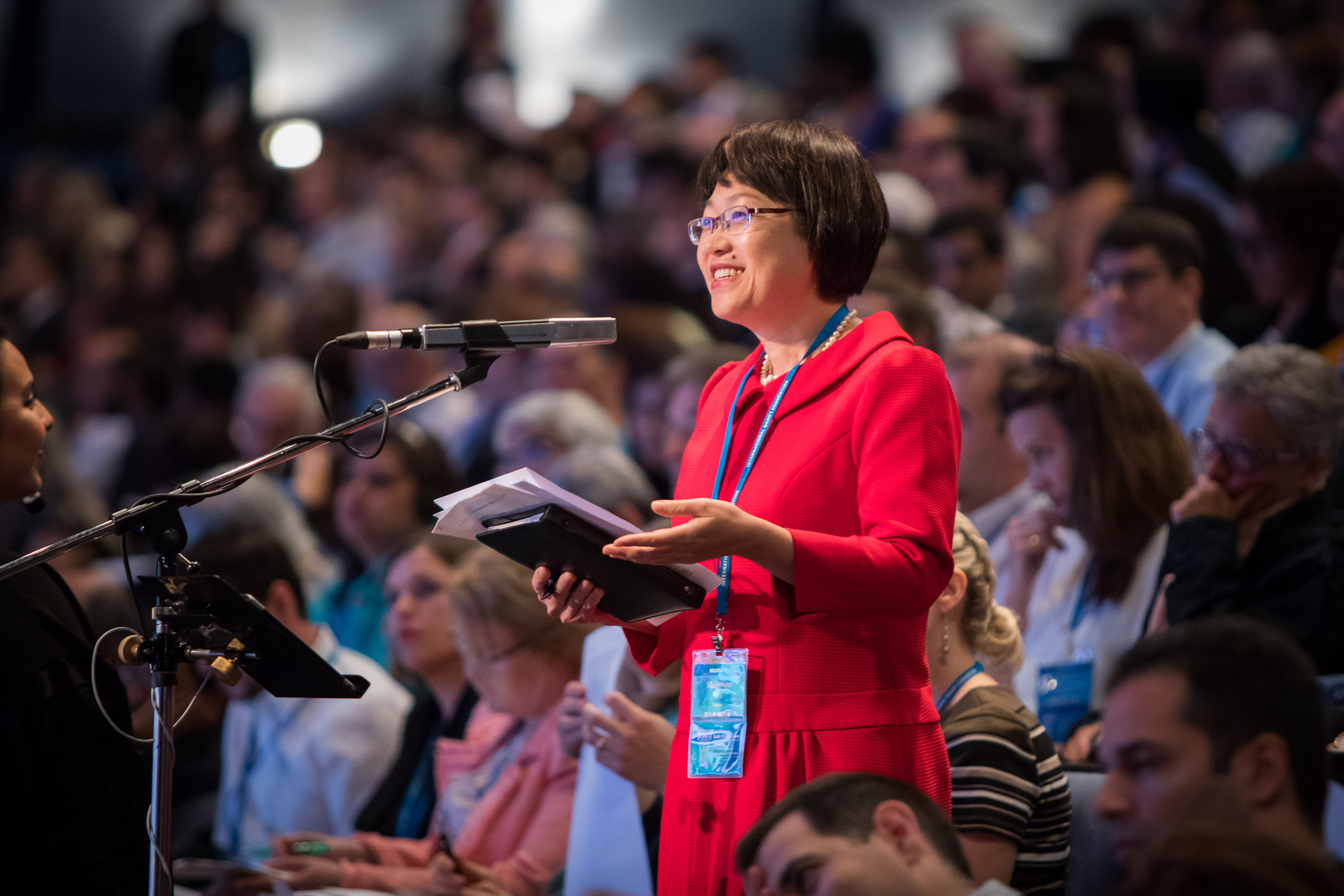 A delegate participates during the consultation at the International Convention on 30 April.