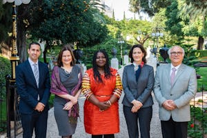 The members of the board of directors of the Baha’i International Development Organization were appointed for a five-year term beginning in November. The directors are (from left) Sina Rahmanian, Lori McLaughlin Noguchi, Maame Brodwemaba Nketsiah, Elisa Caney, and George Soraya. They recently held their first board meeting at the Baha’i World Centre.