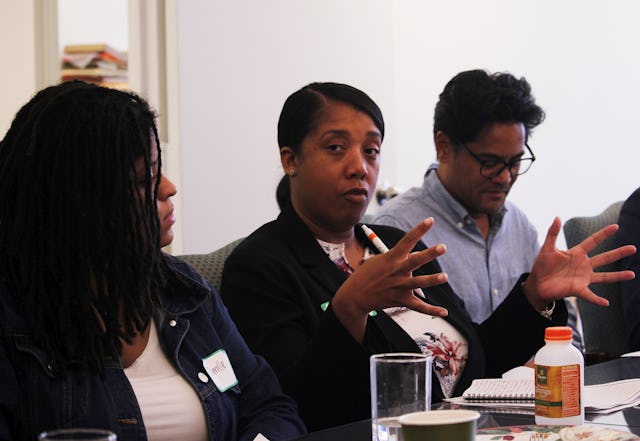 A participant in the Faith and Race Dialogue in September speaks during the gathering.