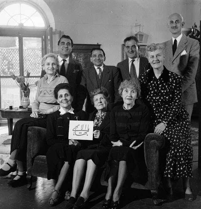 This is the first Baha’i institution in Italy, the Local Spiritual Assembly of Rome, in 1948. Hand of the Cause of God Ugo Giachery is standing on the far right and was a member of that body.