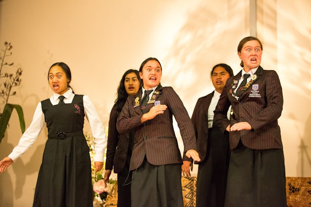 Students perform a haka, a dance traditional to the Maori people of New Zealand, during the 2017 Race Unity Speech Awards.