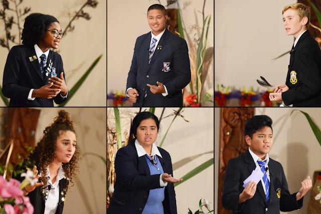 (Clockwise from top left) Takunda Muzondiwa, David Faalau-Solia, Robbie White, Michael Echague, Nina Gelashvili, and Sophie Saweirs were the six finalists who spoke at the Race Unity Speech Awards and Hui on Saturday in Auckland. The annual event is organized by the Baha’is, the national police, and other partners. (Credit: Ben Parkinson)