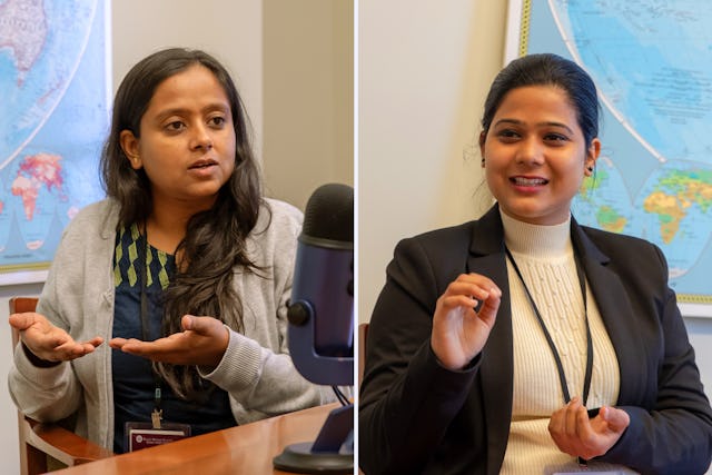 Bhavna Anbarasan (izquierda) y Pooja Tiwari, ambas de Nueva Delhi, hablaron con el Bahá'í World News Service sobre un grupo de mujeres jóvenes que organizaron una campaña de sensibilización para compartir una comprensión científica y espiritual de la menstruación.