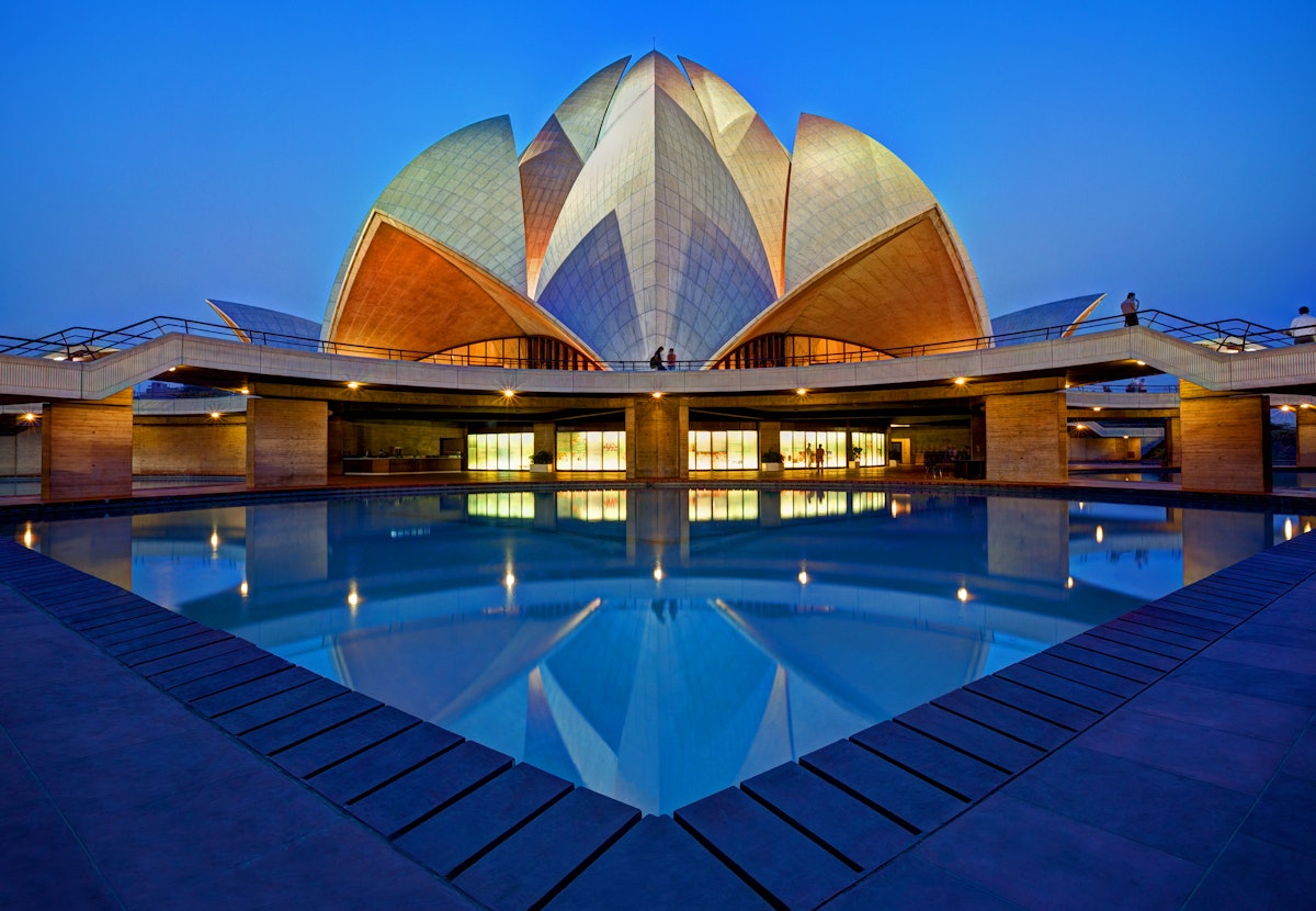 The House of Worship in New Delhi, India, has several environmental initiatives on site. For example, the gardens are irrigated with treated wastewater, and solar panels provide electricity for the buildings.