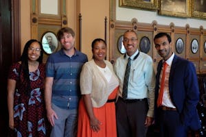 From left to right: May Lample, U.S. Baha’i Office of Public Affairs; Adam Rothman, the principal curator of the Georgetown University Slavery Archive; Maya Davis and Chris Haley, who curate and manage the Maryland State Archives Legacy of Slavery in Maryland Program; P.J. Andrews, U.S. Baha’i Office of Public Affairs.